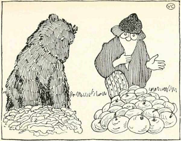 Valery Carrick’s bear receives turnip tops while the peasant keeps the roots