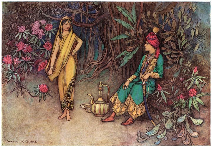 Postomani in human form speaks with the king beside the forest hut, Warwick Goble, 1912