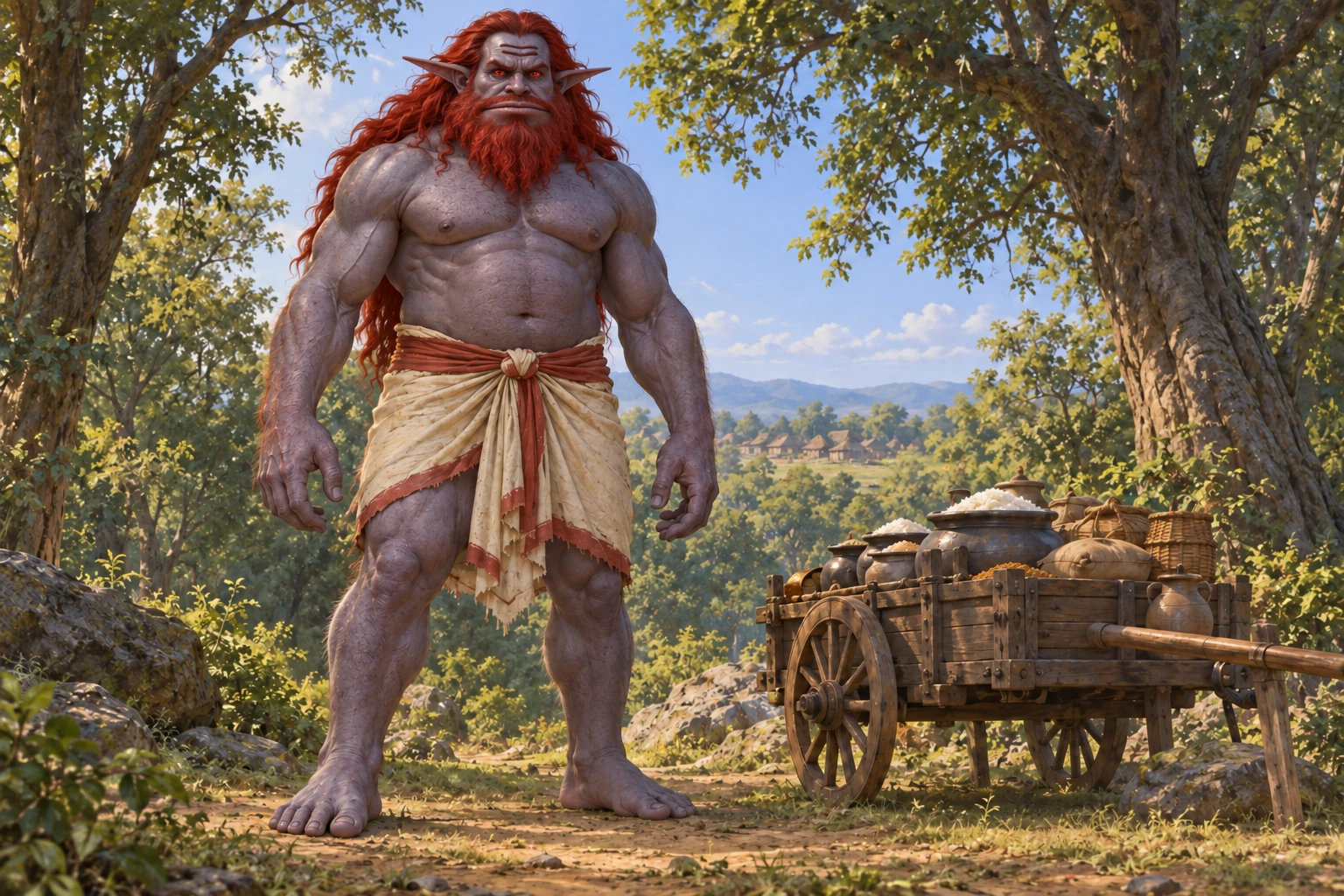 Vaka, a huge red-haired rākṣasa, stands beside a cart of rice at a forest edge.