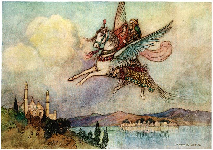 Warwick Goble’s Hiraman parrot perched beside the king on the flying Pakshiraj