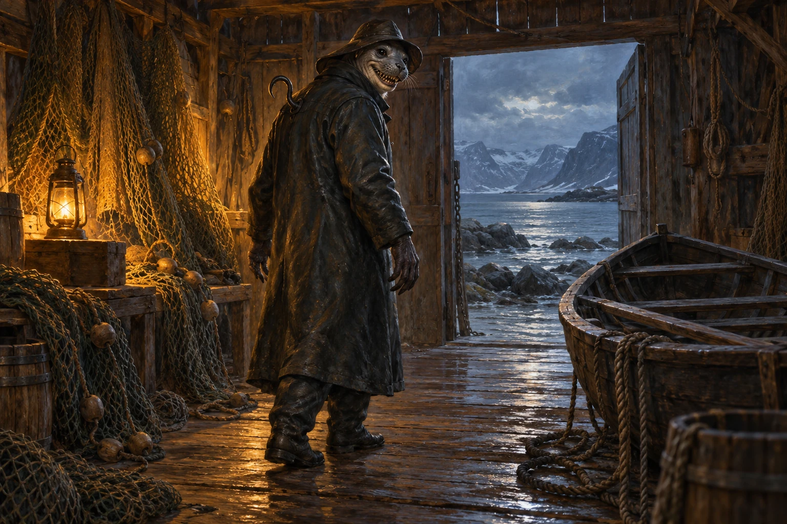 A seal-faced, human-shaped sea-draug turns towards a boatshed doorway, with a hooked fishing iron visible at its upper back.