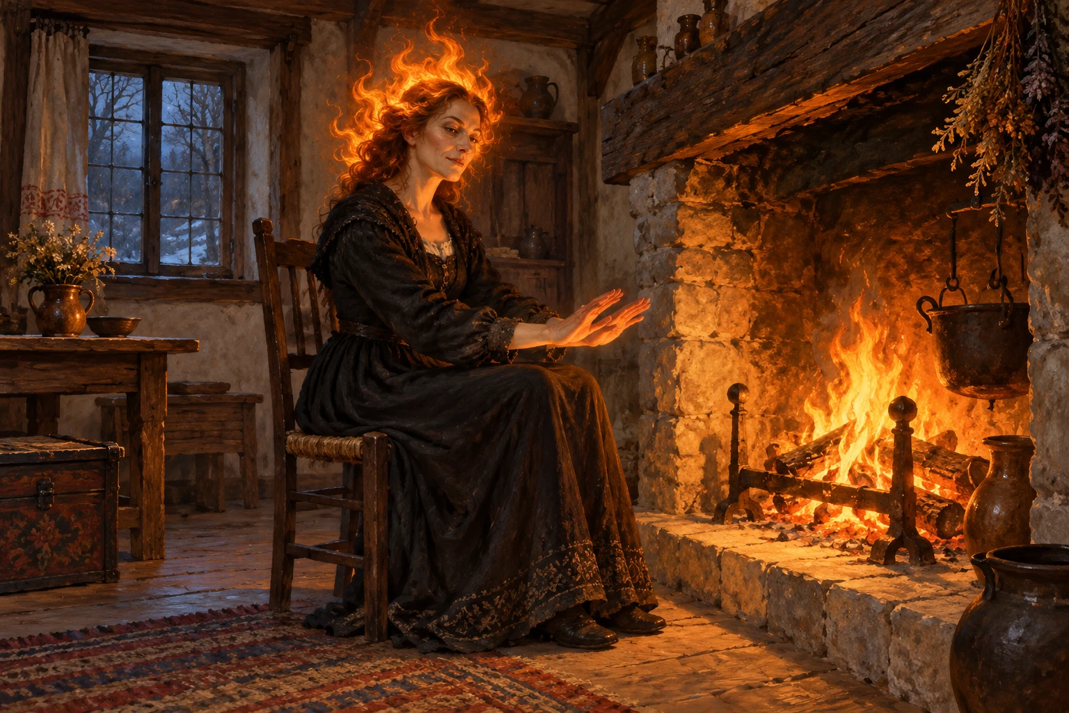 Frau Trude warms her hands beside a hearth, with flame around her head.