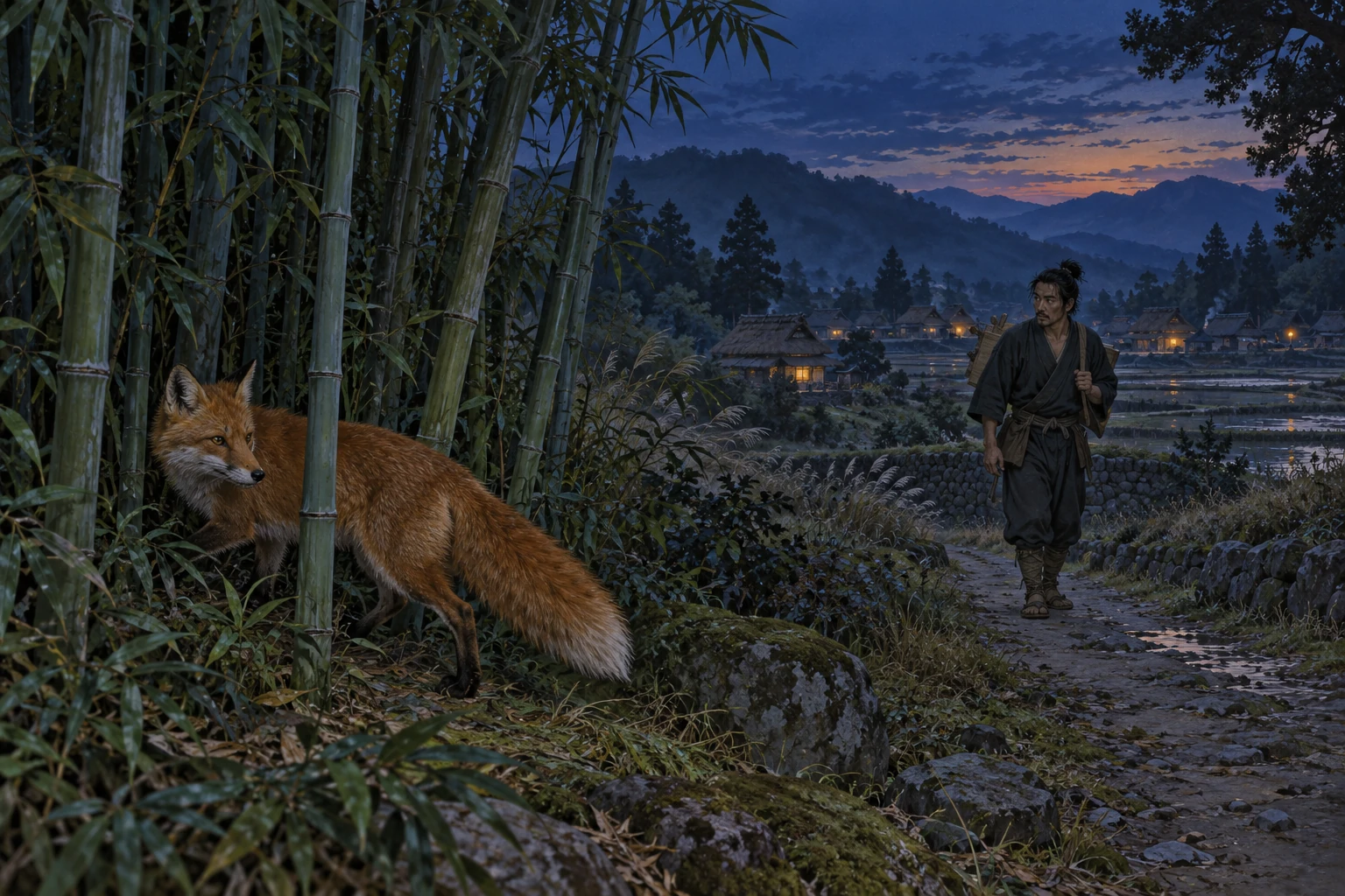 A fox slips into bamboo as Tokutarô approaches on a dusk path.