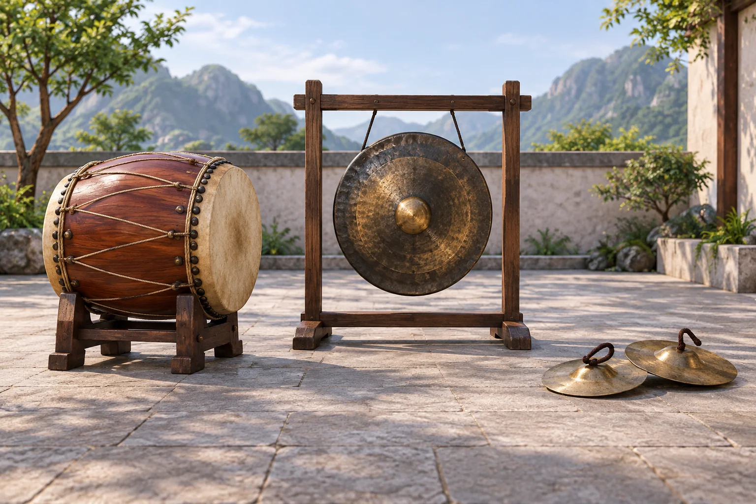 Imagined drum gong and paired cymbals