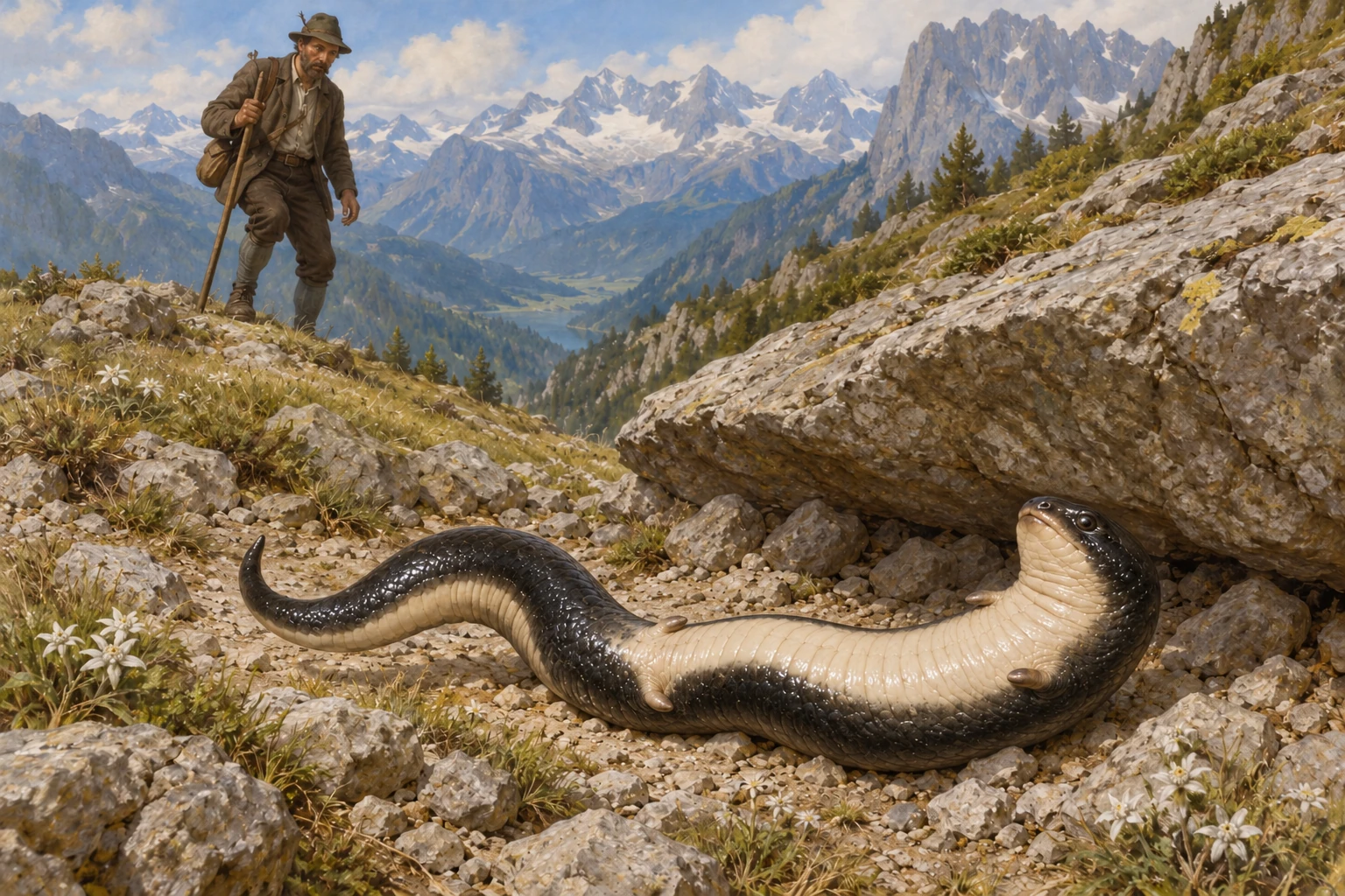 An imagined four-pawed Tatzelwurm wriggles on its back below an Alpine rock slab while a herdsman stands back.