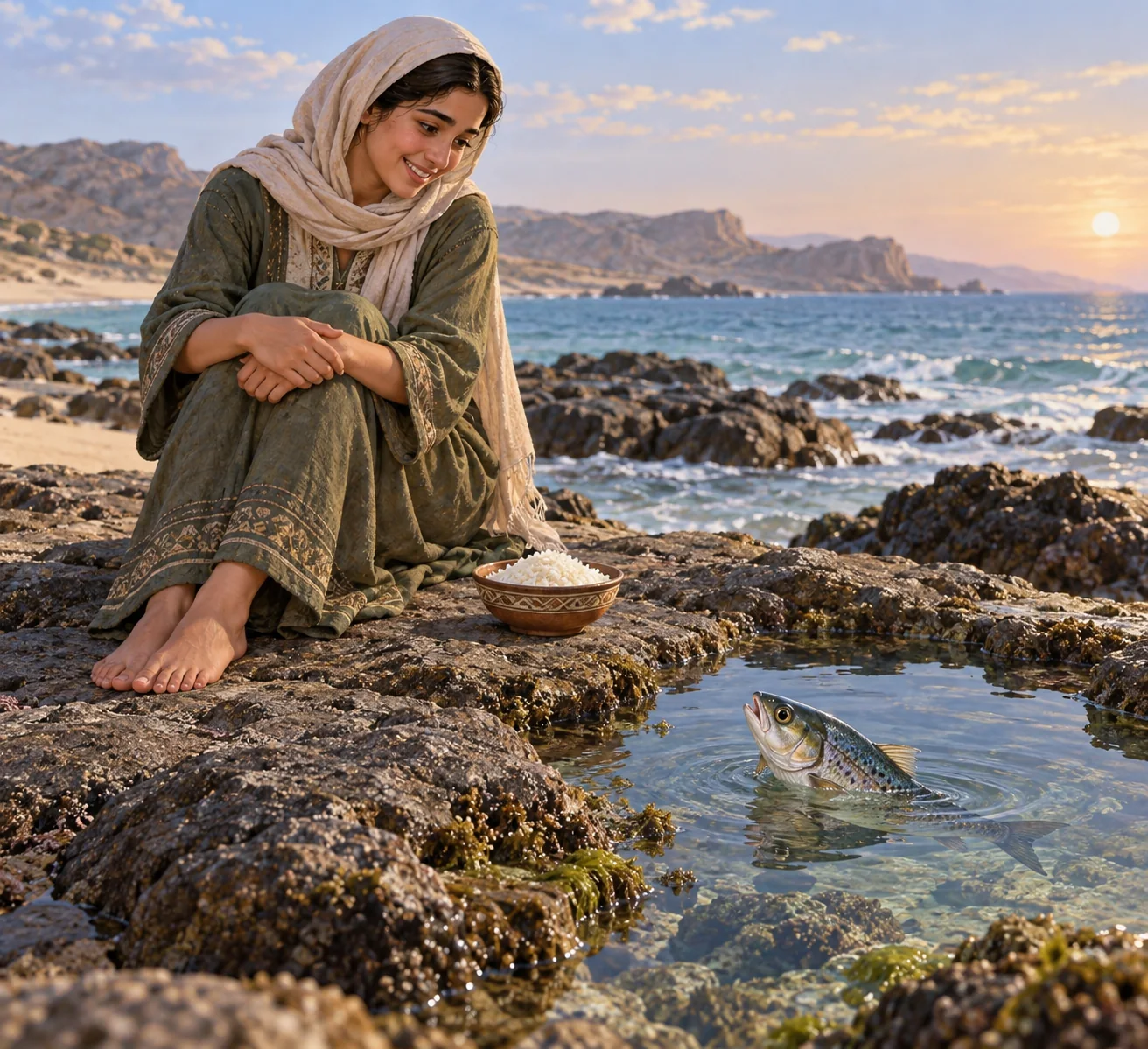 AI imagined Al Fisaikra feeding Hamda by the shore.