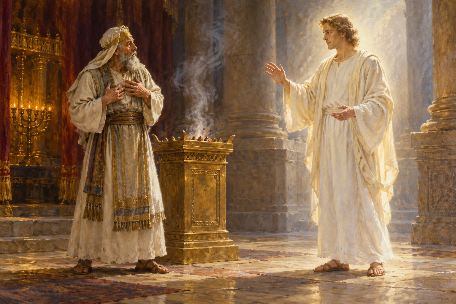 An imagined Gabriel addresses Zechariah beside an incense altar in a temple.