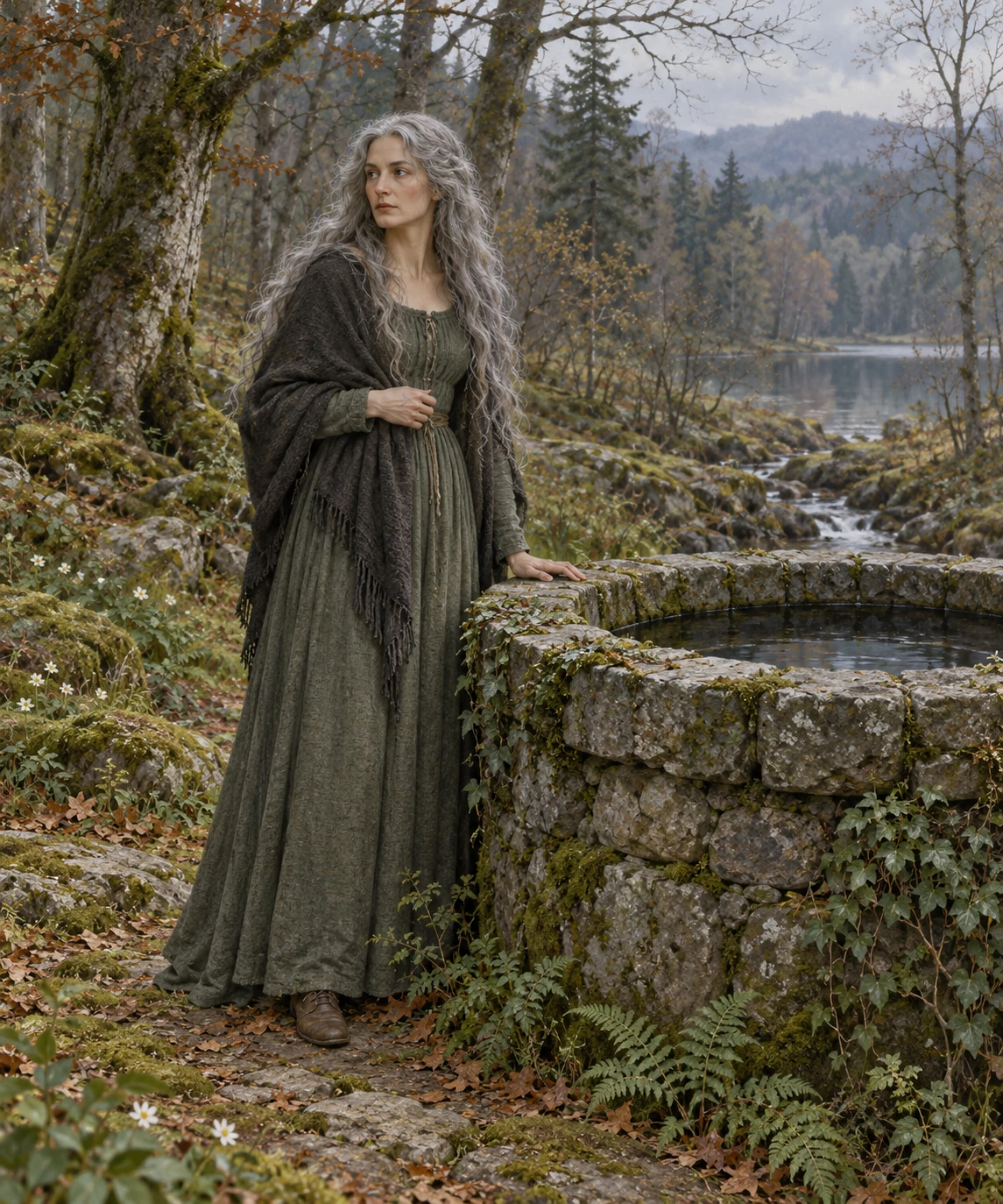 An imagined adult water-nix in a long grey-green dress stands beside a mossy stone well.