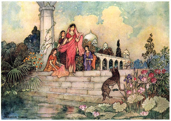 The gold-making princess meets Sivalu at the palace bathing tank, Warwick Goble, 1912