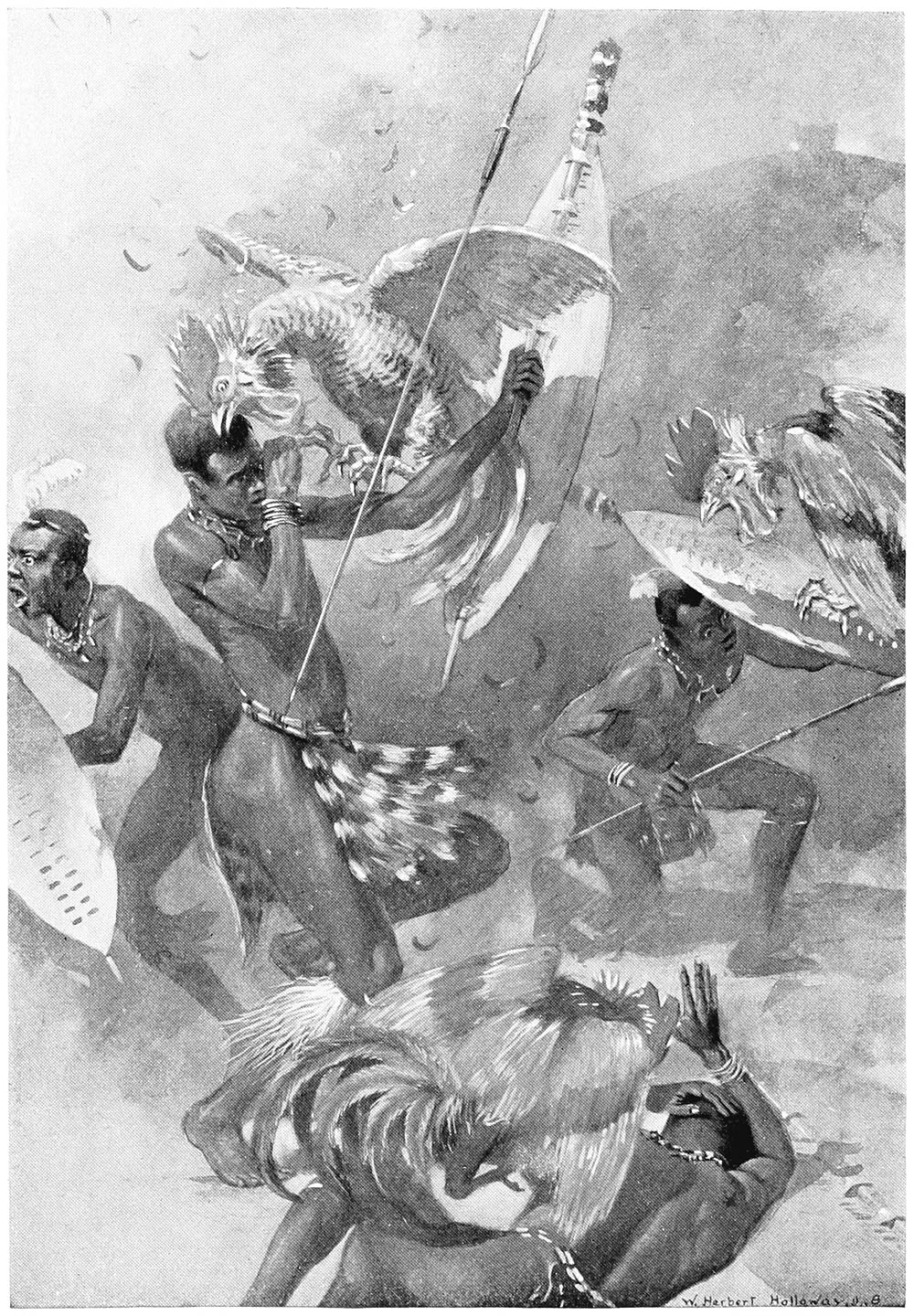 Enchanted fowls defending their settlement against warriors, Holloway 1908