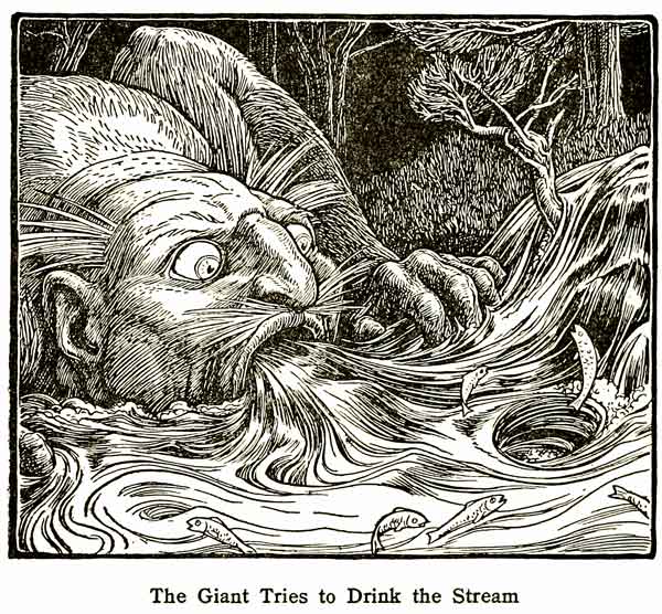 A huge bearded giant crouches over a flowing stream, drawing water into his mouth as fish swim past; original caption below reads The Giant Tries to Drink the Stream.