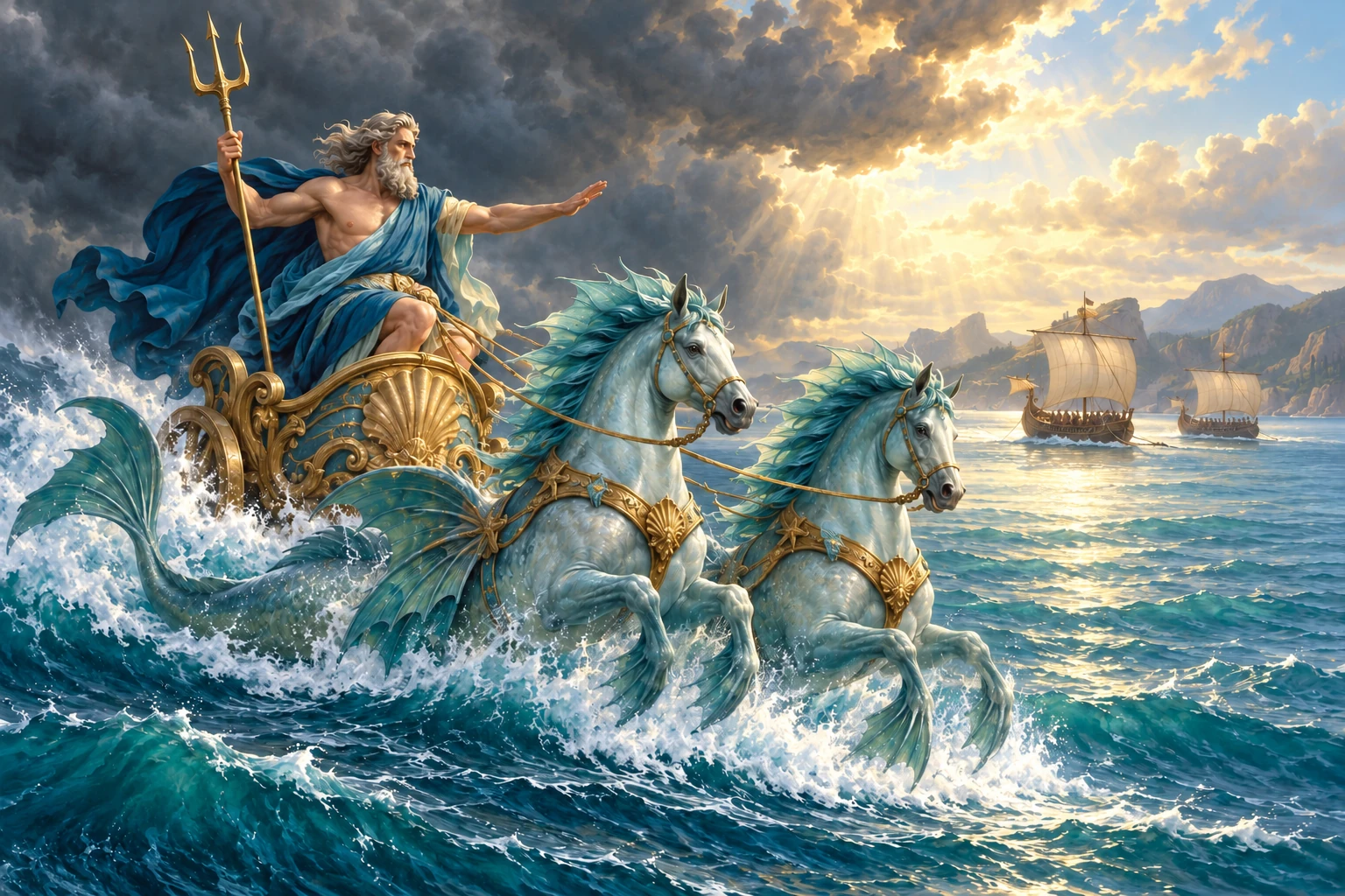 Neptune holds a three-pronged trident in a chariot drawn by two imagined marine horses as sunlight returns over two sailing ships.