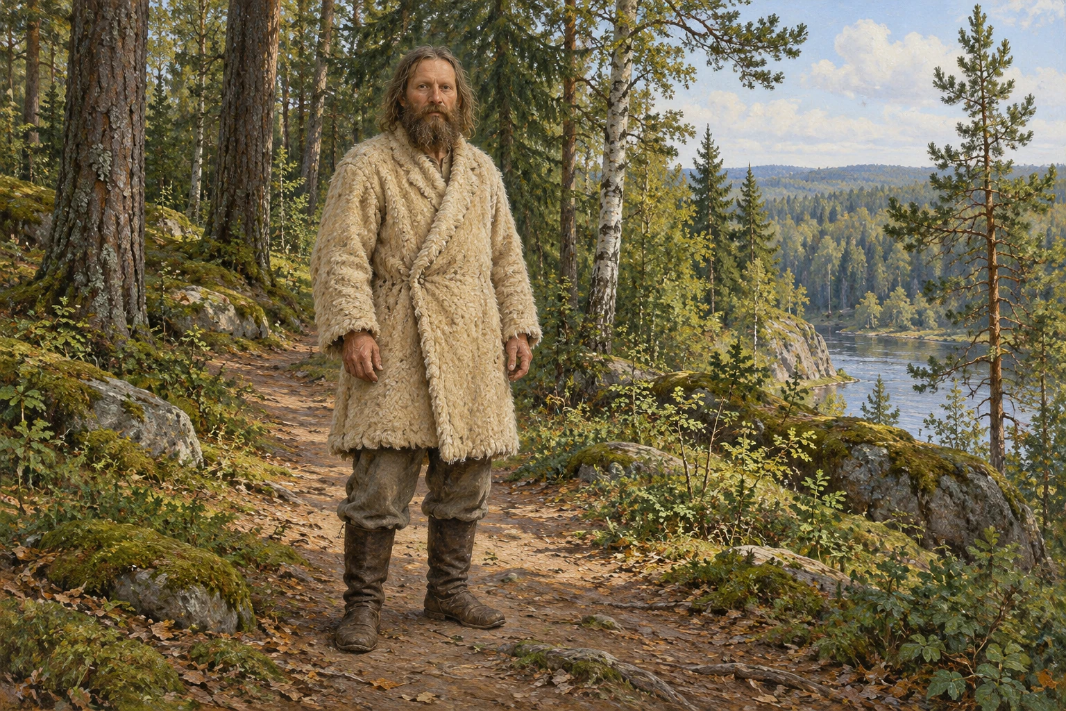 A human-shaped woodland spirit in a loose sheepskin coat stands on a wooded path, with his full figure visible.