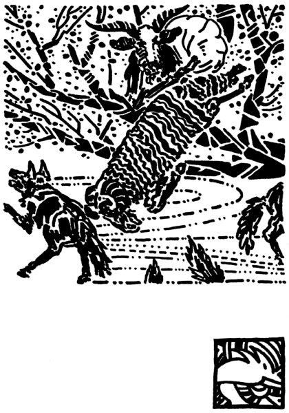 Vuhi in the tree and Dinas falling toward the fleeing wolves, Jay Van Everen, 1922