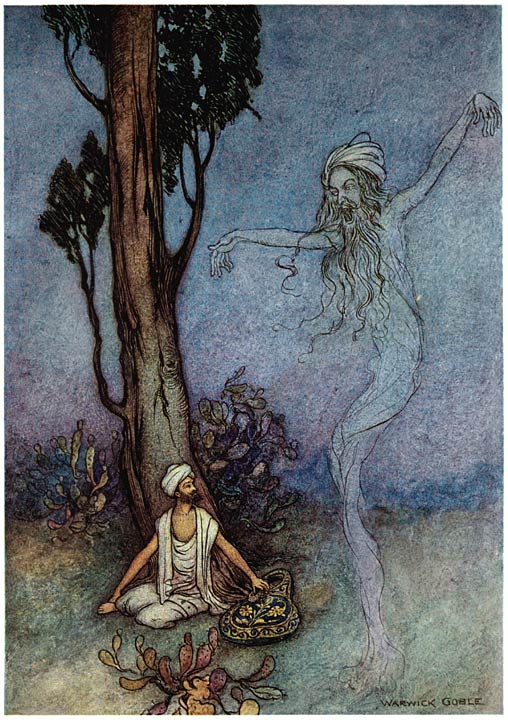 The tree ghost threatens the barber who will frighten it with its reflection, Warwick Goble, 1912