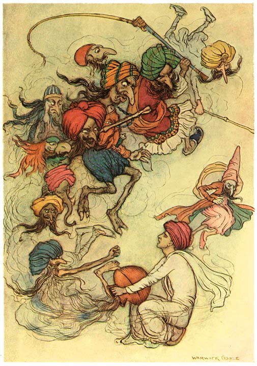 Demons emerge from the punitive pot with whips, Warwick Goble, 1912