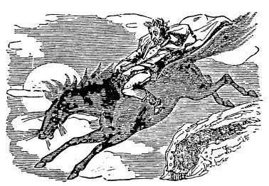 Phooka carrying Morty Sullivan across the mountains, Croker1844 Spirit Horse illustration