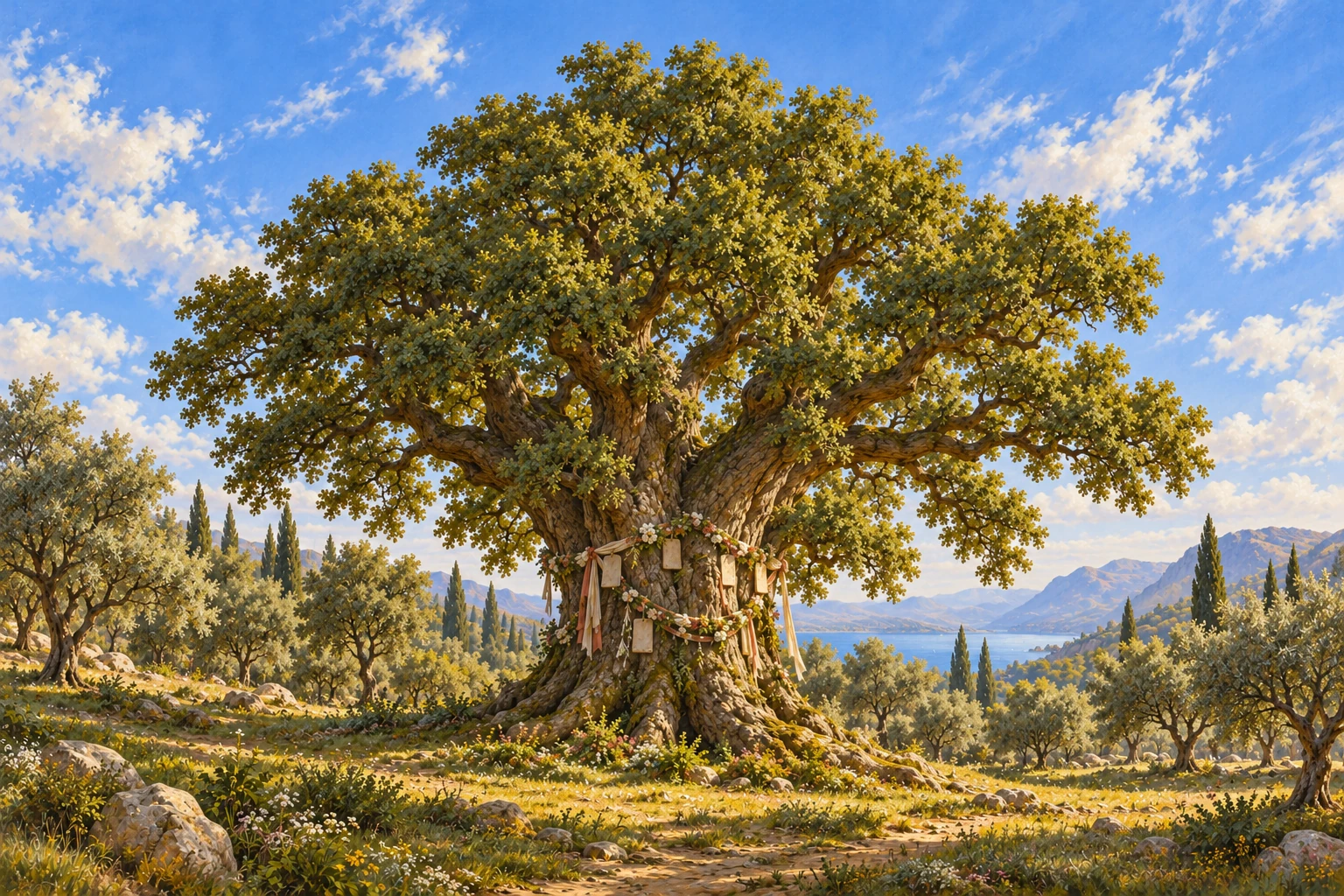 An imagined enormous sacred oak stands in a grove, its trunk encircled by cloth fillets, garlands and votive tablets.