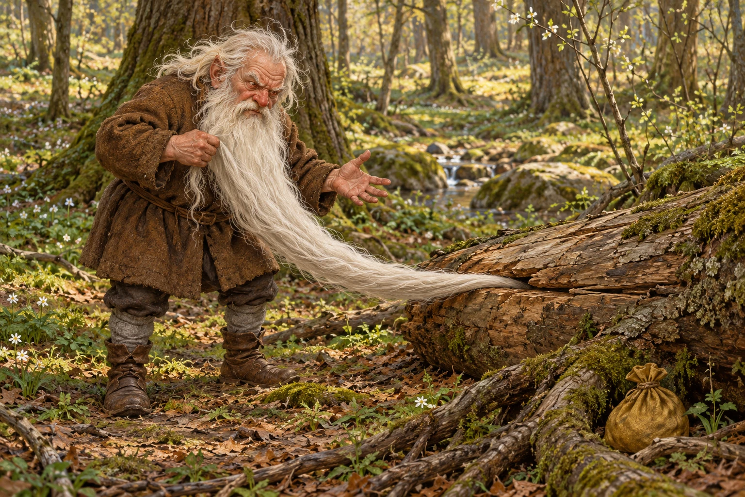 An angry white-bearded dwarf in a brown coat finds his beard caught in a split tree trunk.