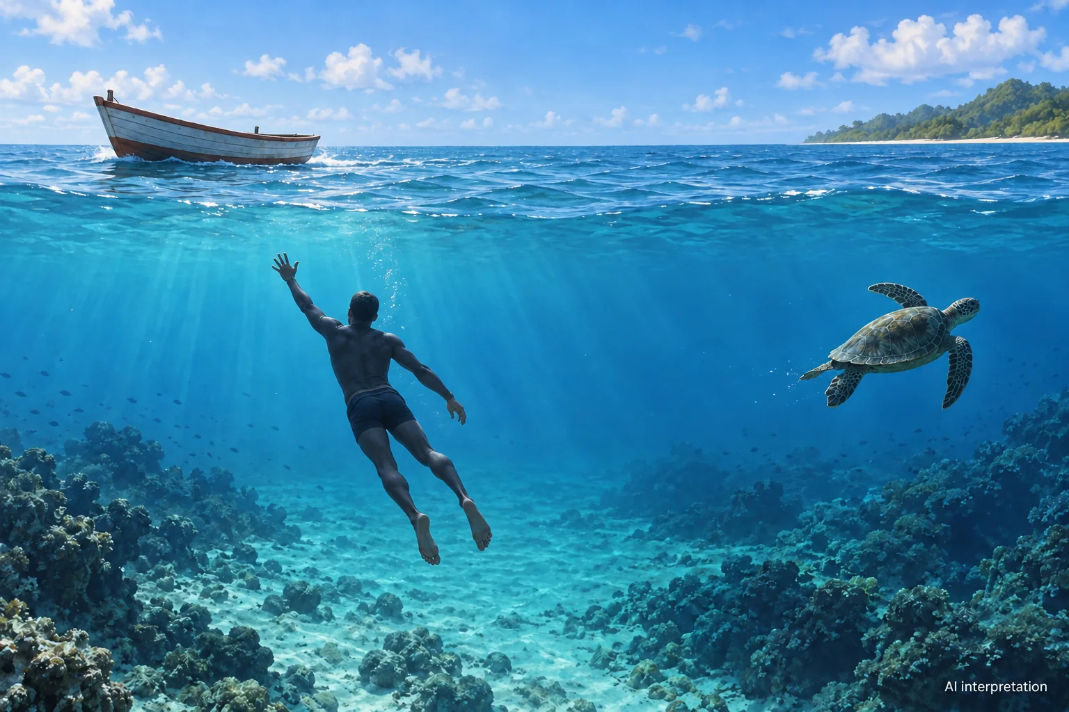 Diver between a drifting boat and turtle
