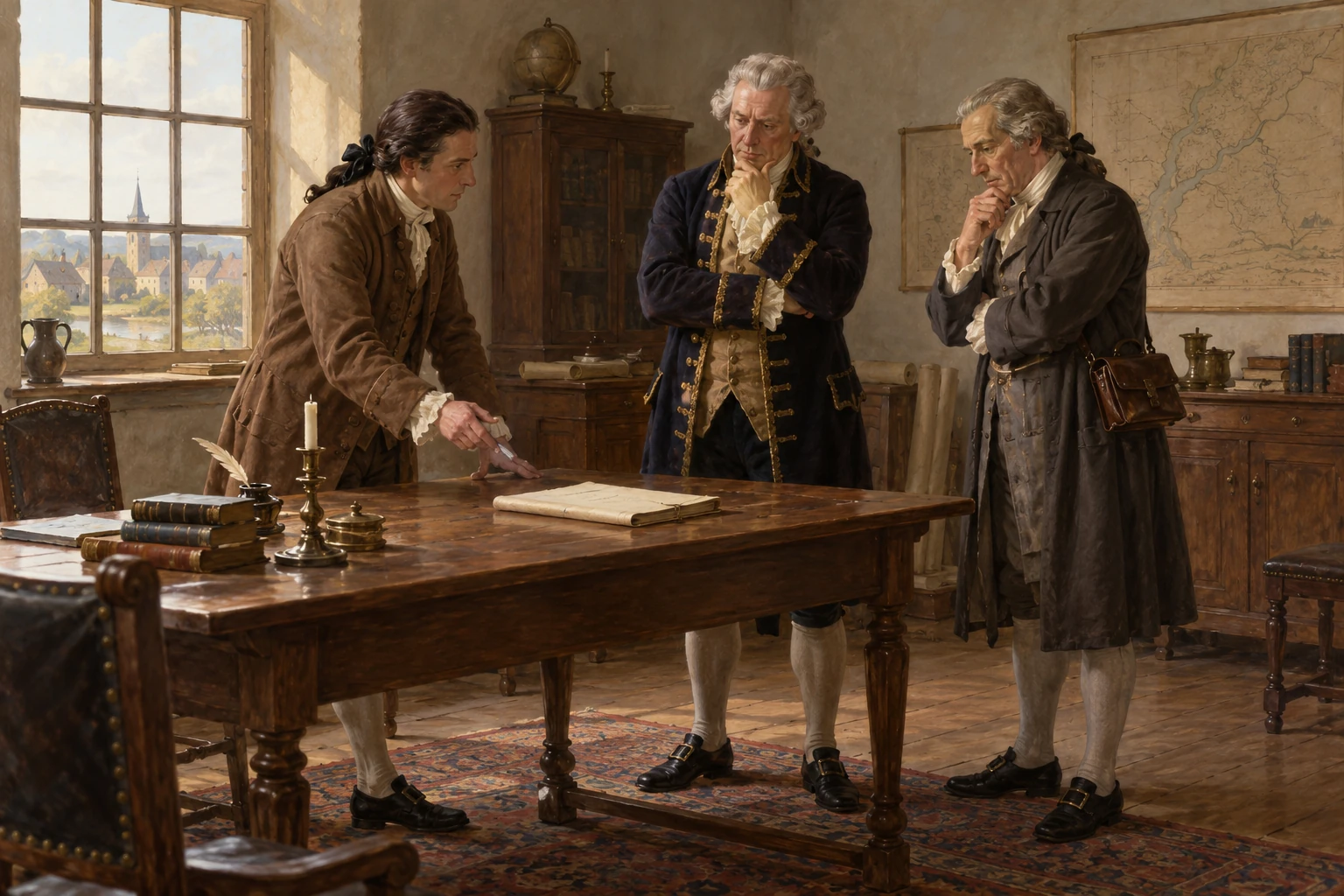 Three imagined eighteenth-century officials discuss a document around a wooden table.