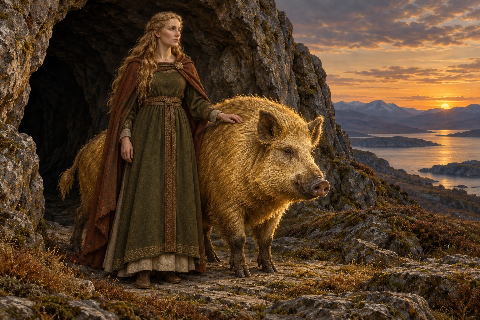 An imagined Freyia stands fully clothed beside a golden-bristled boar near a rocky cave.