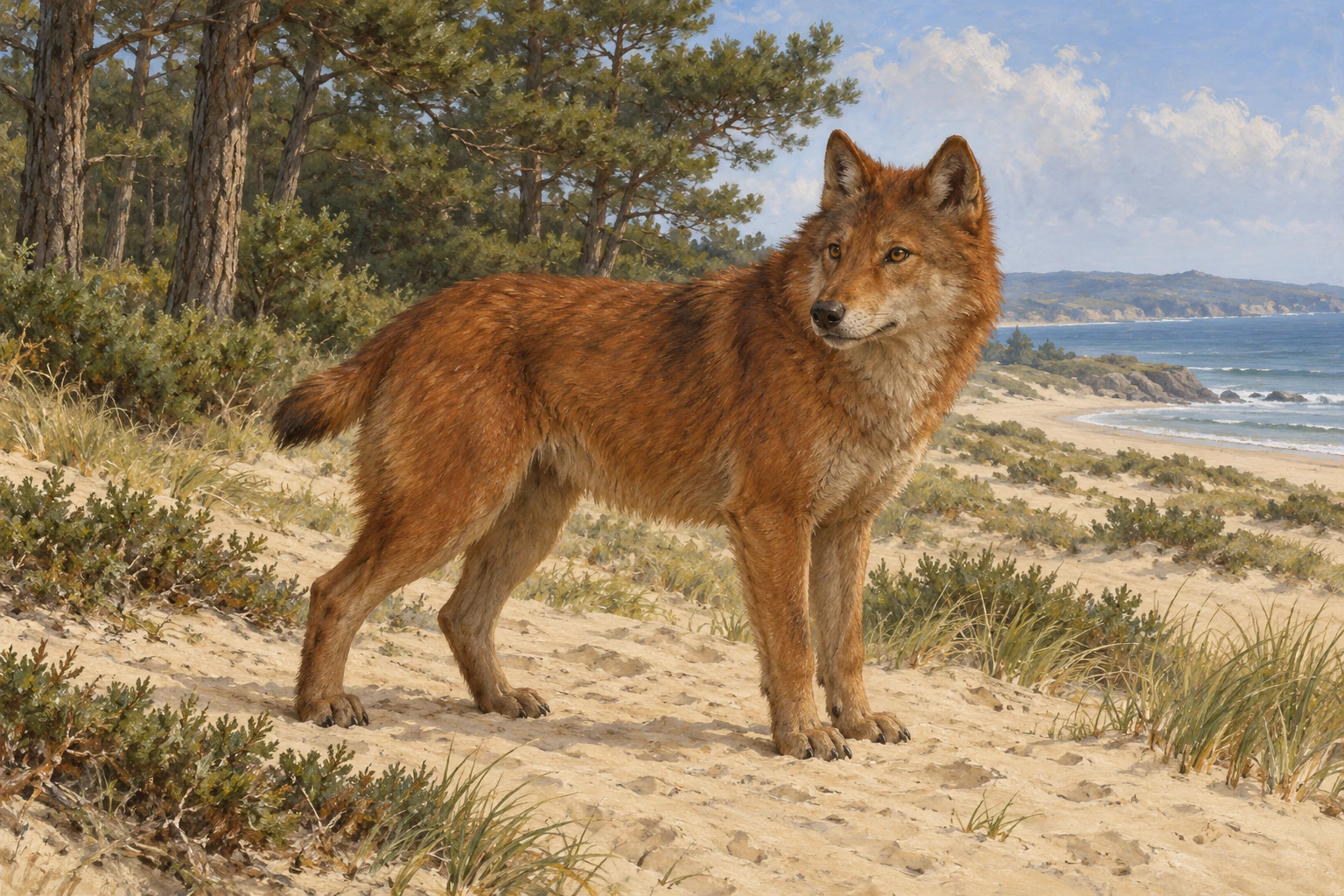 An imagined reddish wolf-like animal with a short tail stands on a dune beside pine trees.