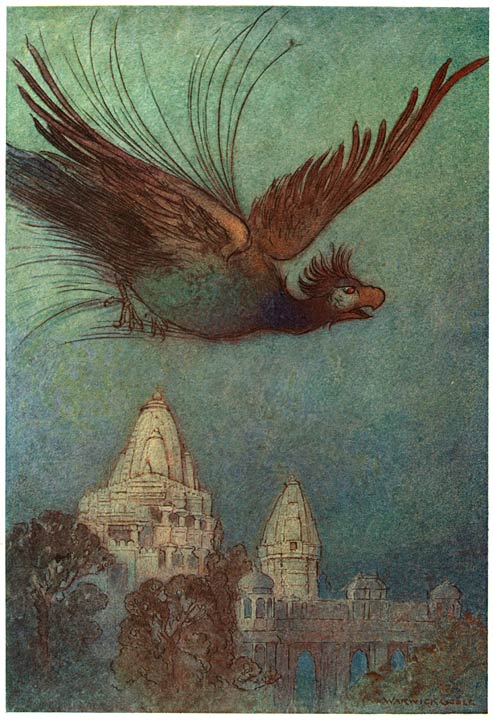 The man-eating queen in her huge bird form above the palace, Warwick Goble, 1912