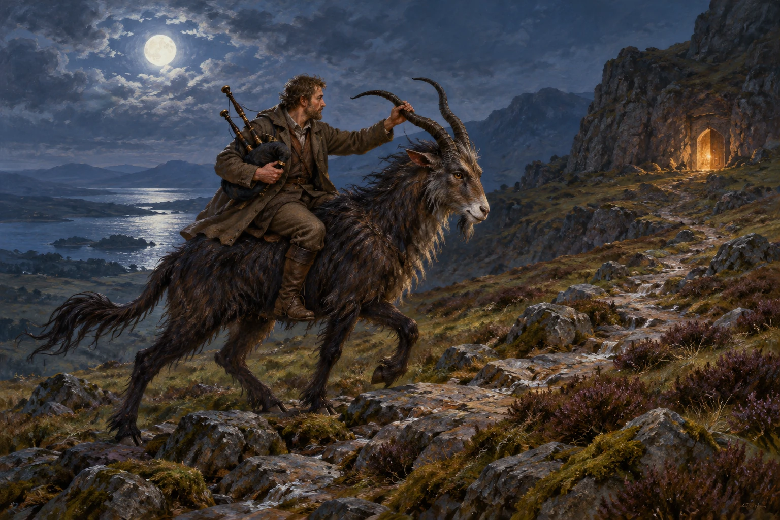 A piper holding his bagpipes rides a shaggy horned Puca toward a lit doorway in a moonlit hillside.