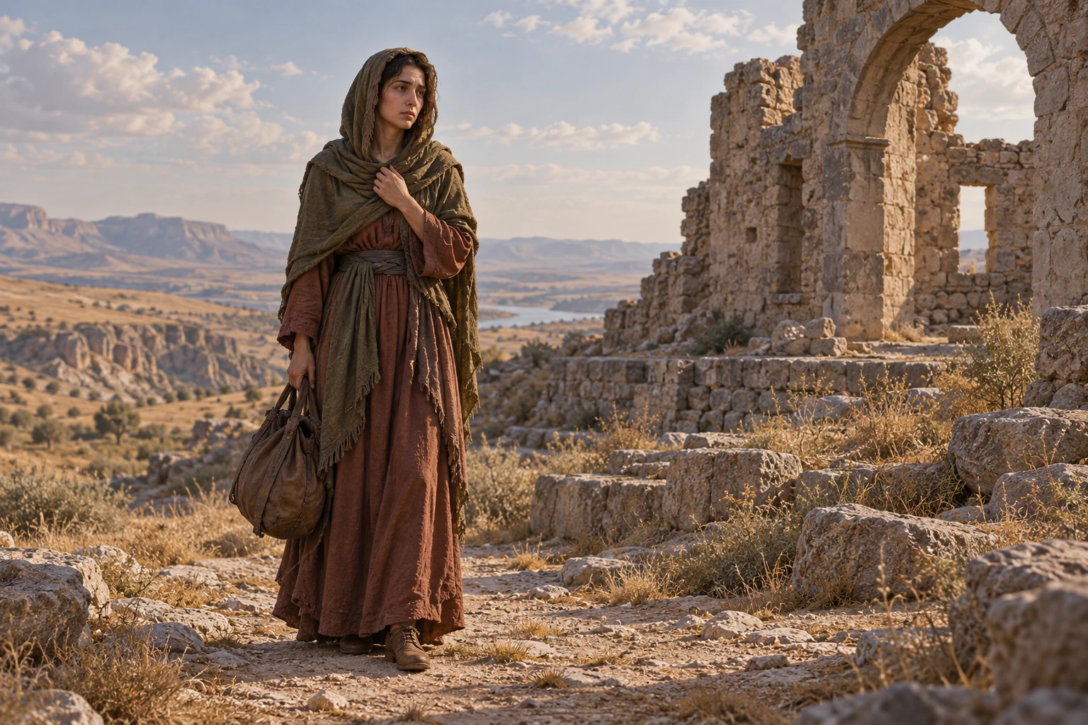 An imagined adult woman in modest travel robes stands beside an old stone ruin, depicting the Ghúlah’s human disguise.