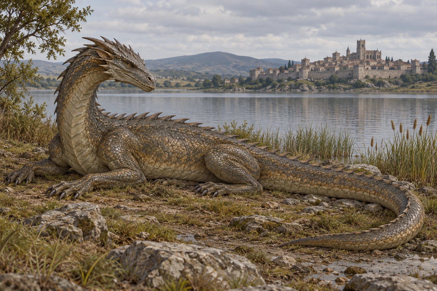 An imagined bronze-grey dragon rests with its full body and curved tail visible beside a broad pond, with a distant walled city.