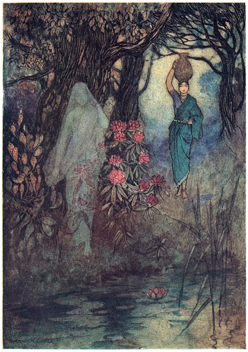 The pale Sankchinni beside the tank as the Brahman’s wife passes, Warwick Goble, 1912