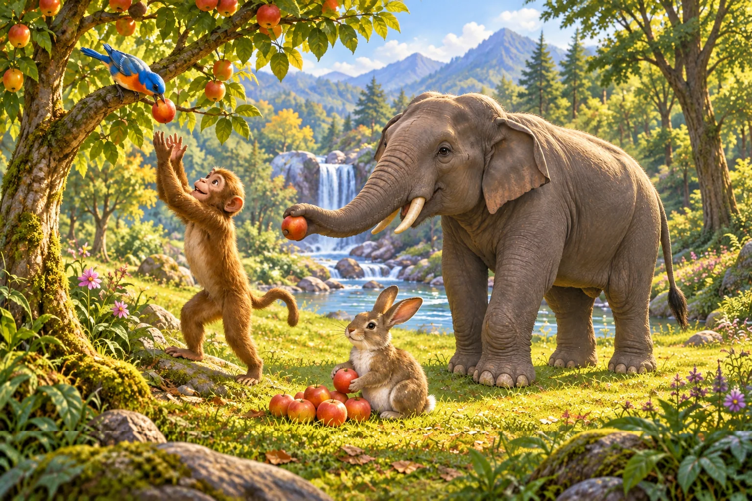 AI imagined bird, monkey, rabbit and elephant sharing fruit.