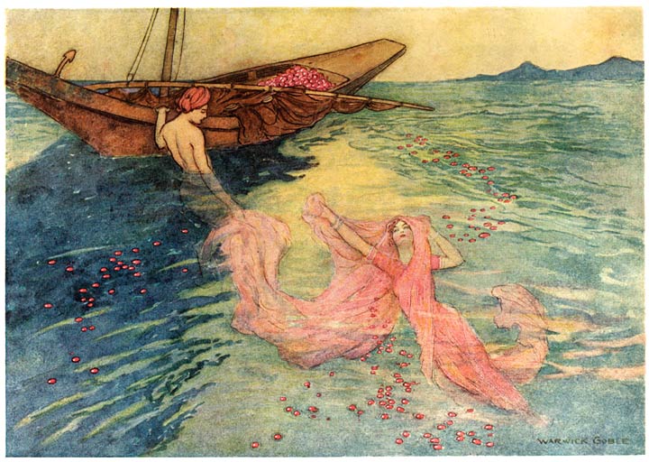 The restored ruby-blood maiden reaches the boat with the prince, Warwick Goble, 1912