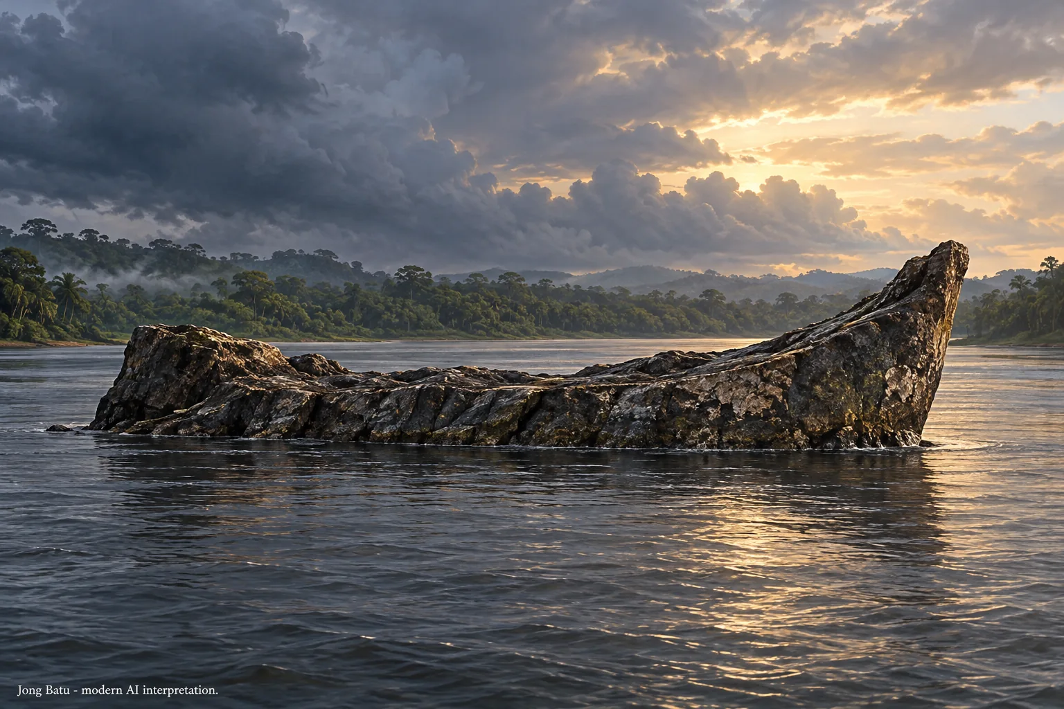 Modern AI imagined Jong Batu ship-shaped stone after the storm.