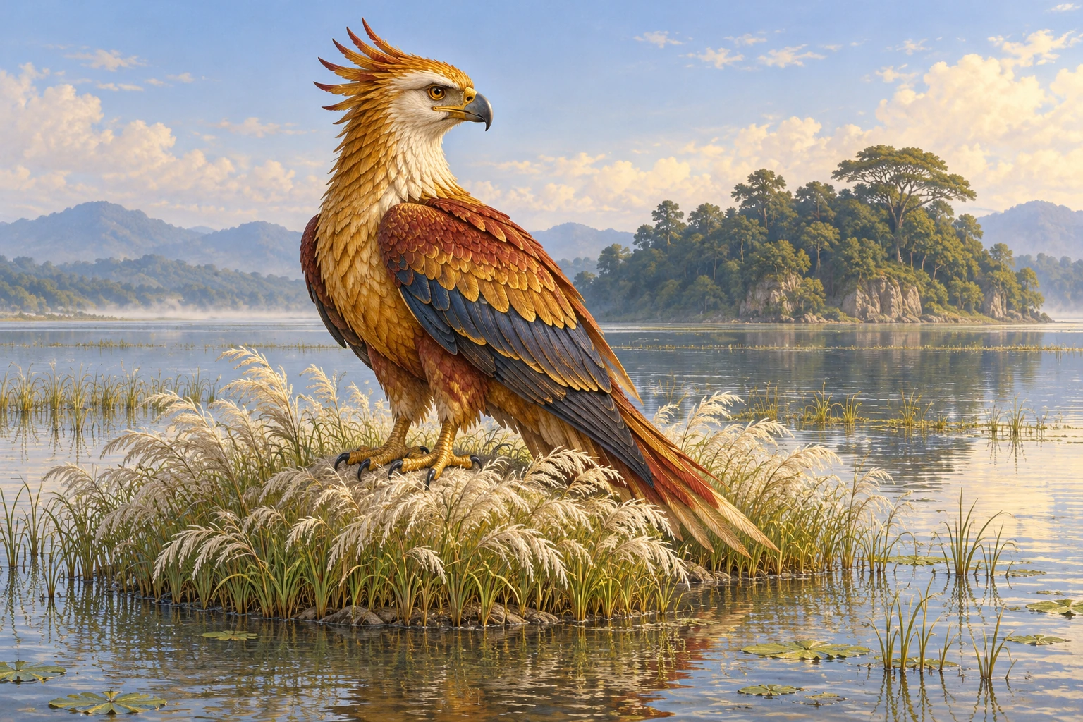 An imagined feathered Garuḍa bird king rests on a grassy mound amid a lake, with folded wings and a long tail.
