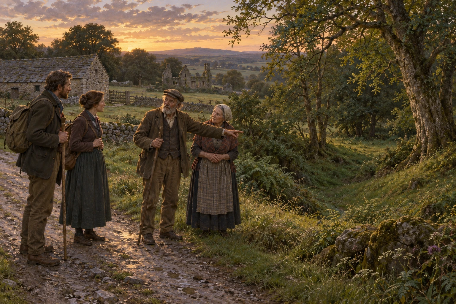 An elderly couple tells visitors about a reputed Boggart grave beside a tree-lined hollow.