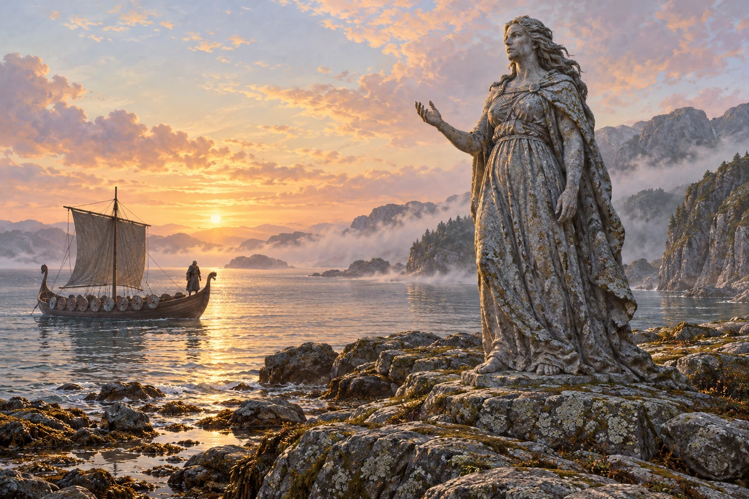 Hrimgerd stands as a stone figure beside a sunlit haven while a watchman remains aboard a distant vessel.