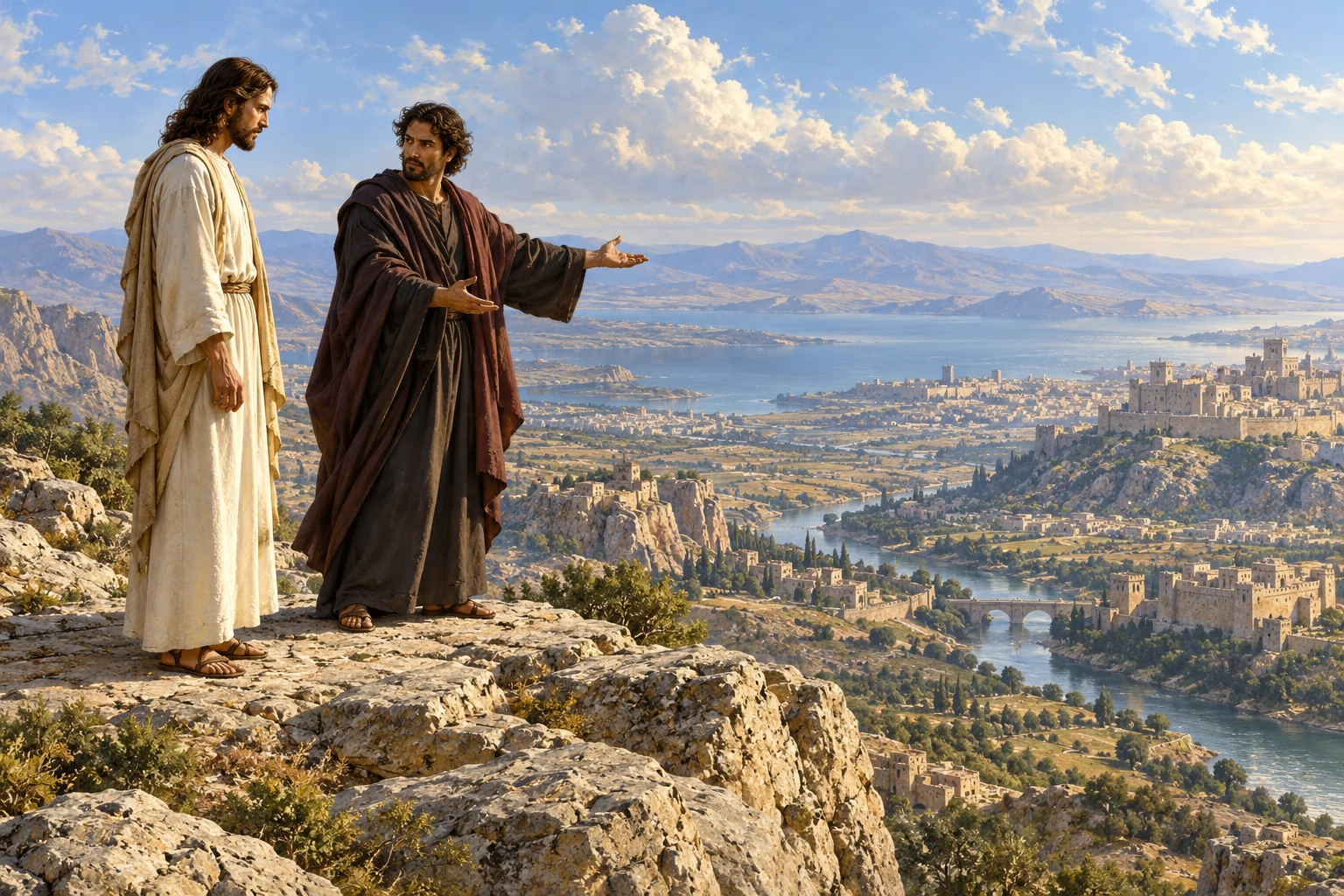 Jesus at left stands beside an imagined humanlike tempter gesturing toward distant settlements from a high overlook.