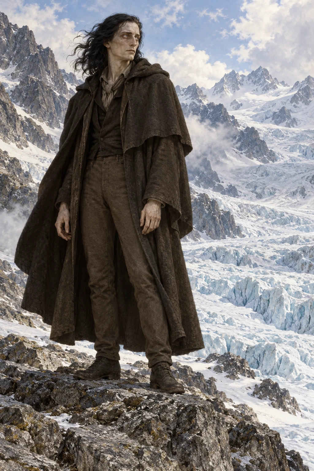 An imagined tall humanlike creature with flowing black hair stands fully clothed beside an Alpine glacier.
