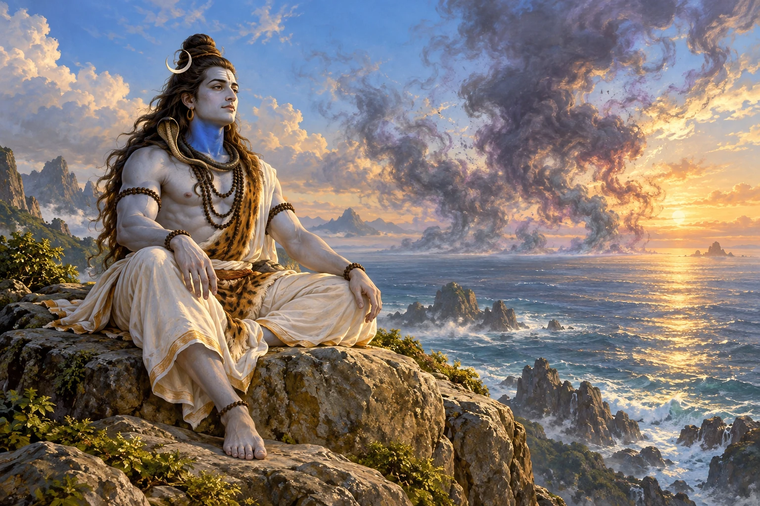 An imagined adult Śiva sits above the sea with a blue throat as dark fumes disperse in the distance.
