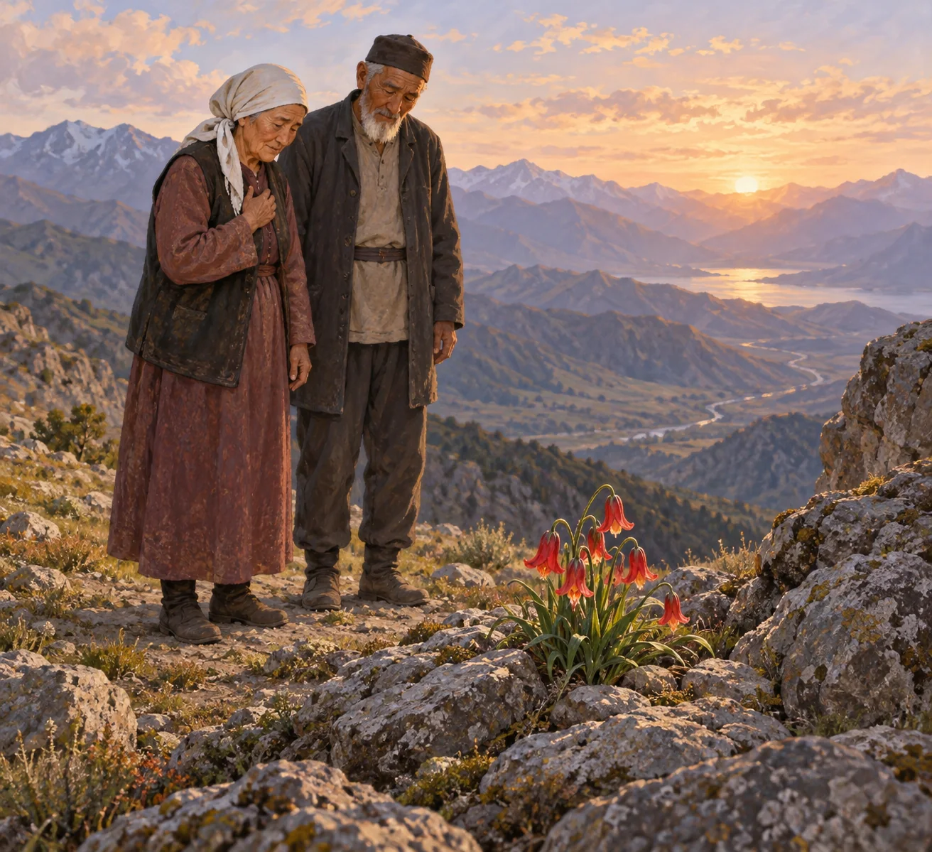 AI imagined Aigul’s parents beside comforting flowers.