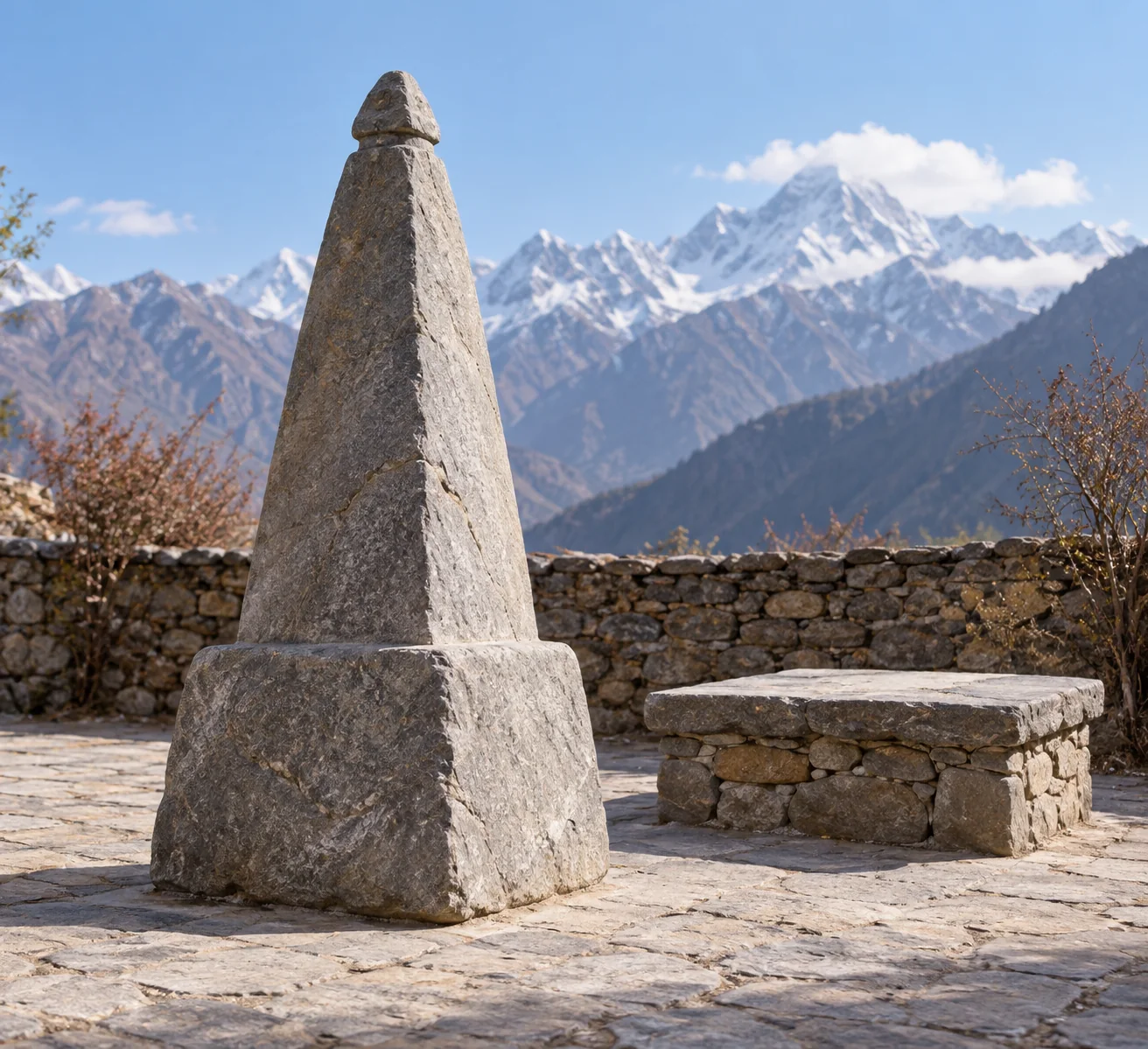 Imagined grounded stone pinnacle beside plinth