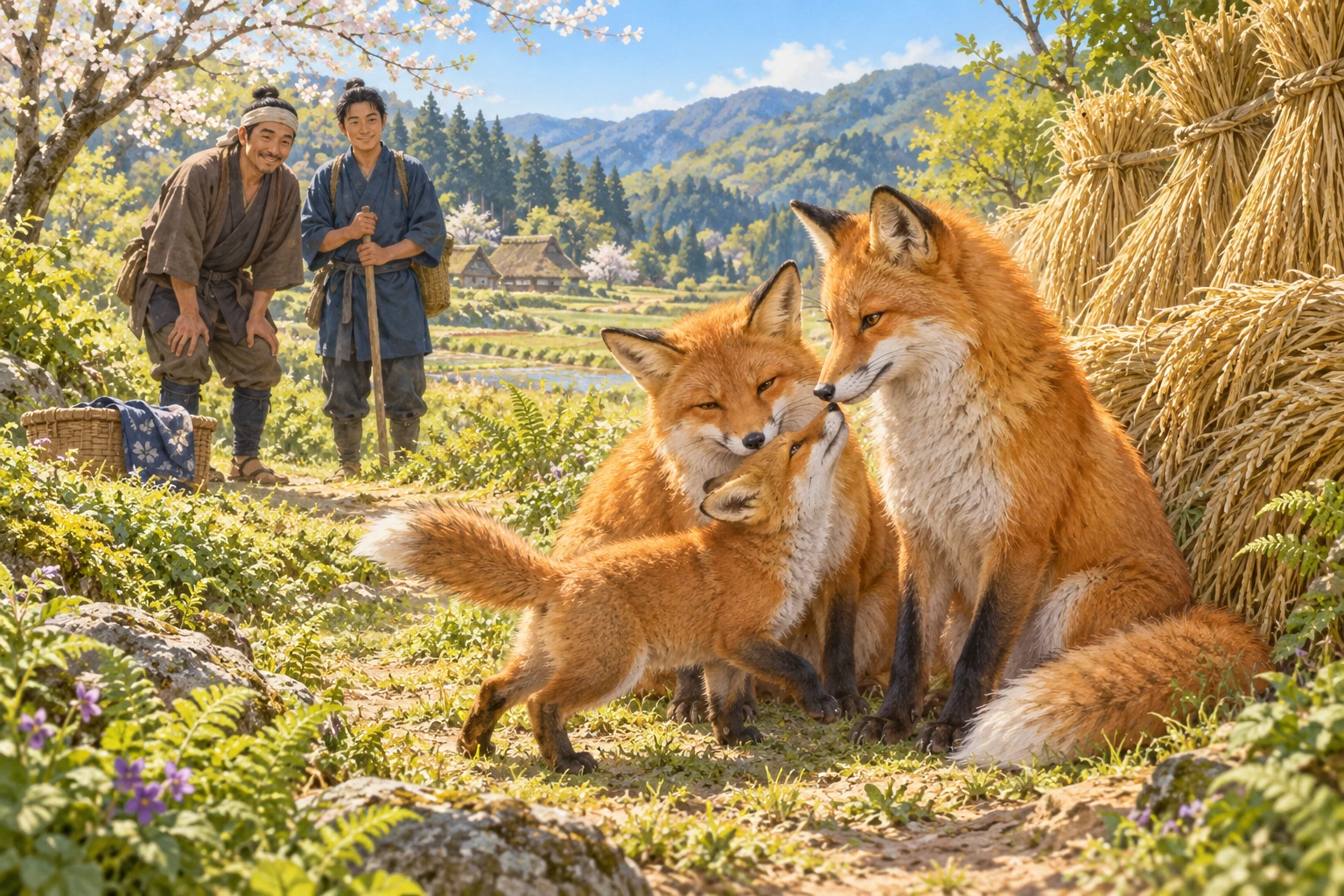 A rescued fox cub rejoins its two parents beside rice straw while two friends watch.