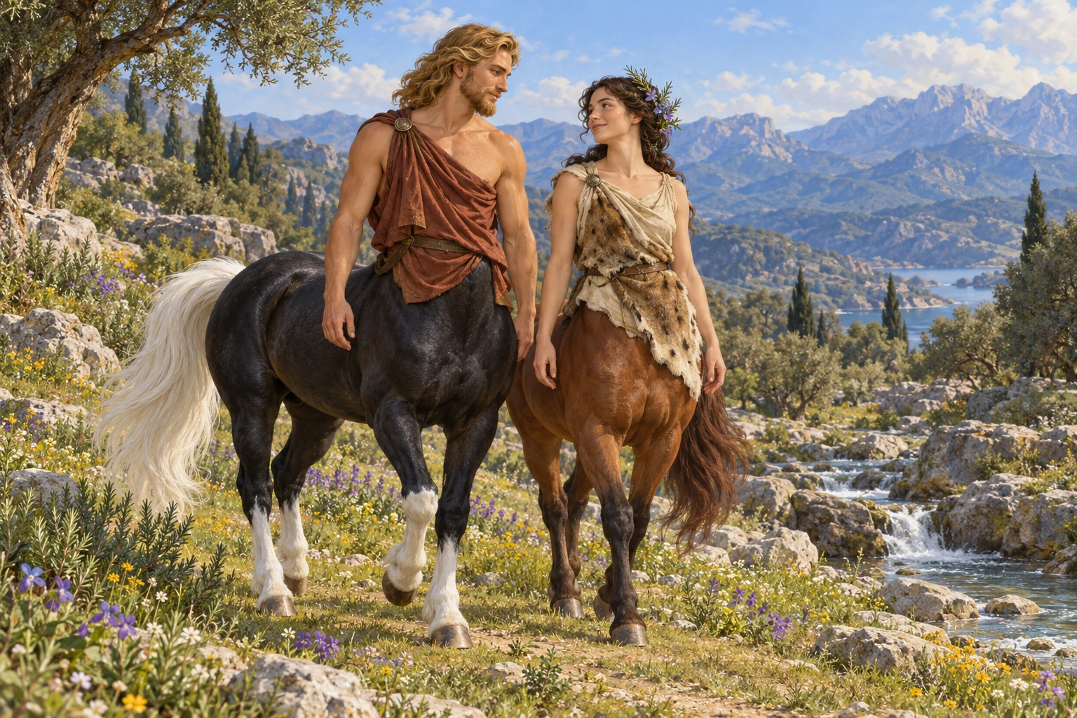 Cyllarus and Hylonome, imagined as two adult centaurs, walk together beside a mountain stream.