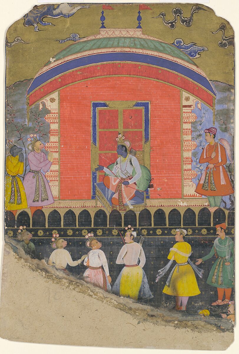 Jambavan, dark bear-headed king at far left in yellow robe, beside Sugriva before seated Rama, Ramayana folio ca.1605