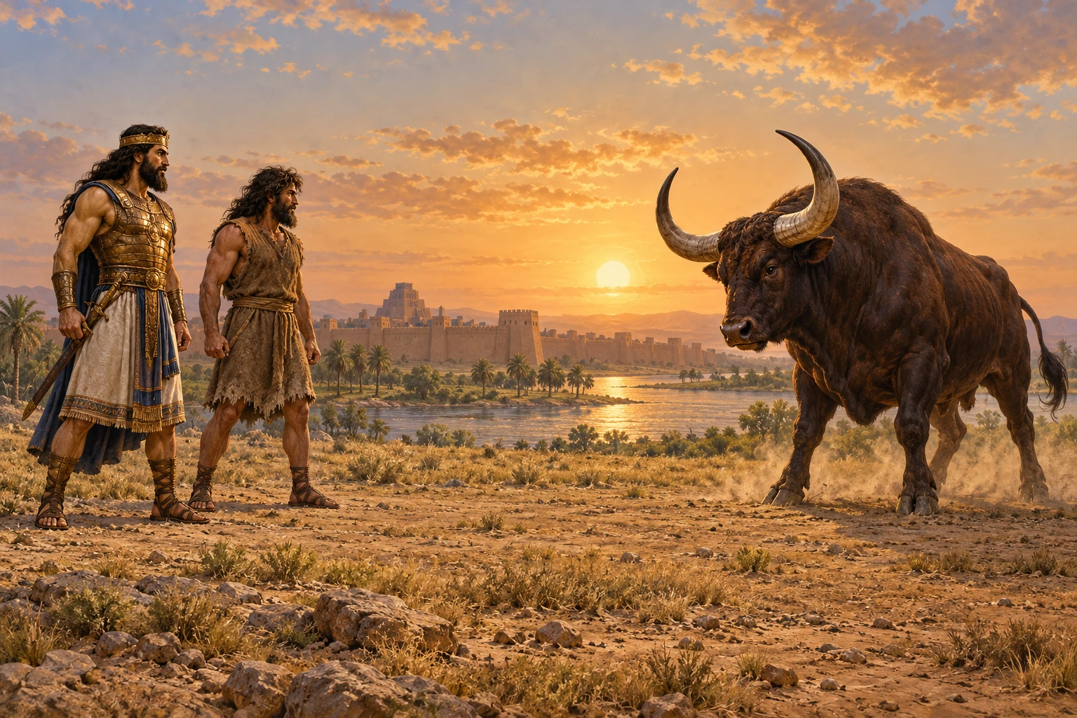 Gilgamesh and Enkidu face a large horned bull near an imagined ancient city and river.