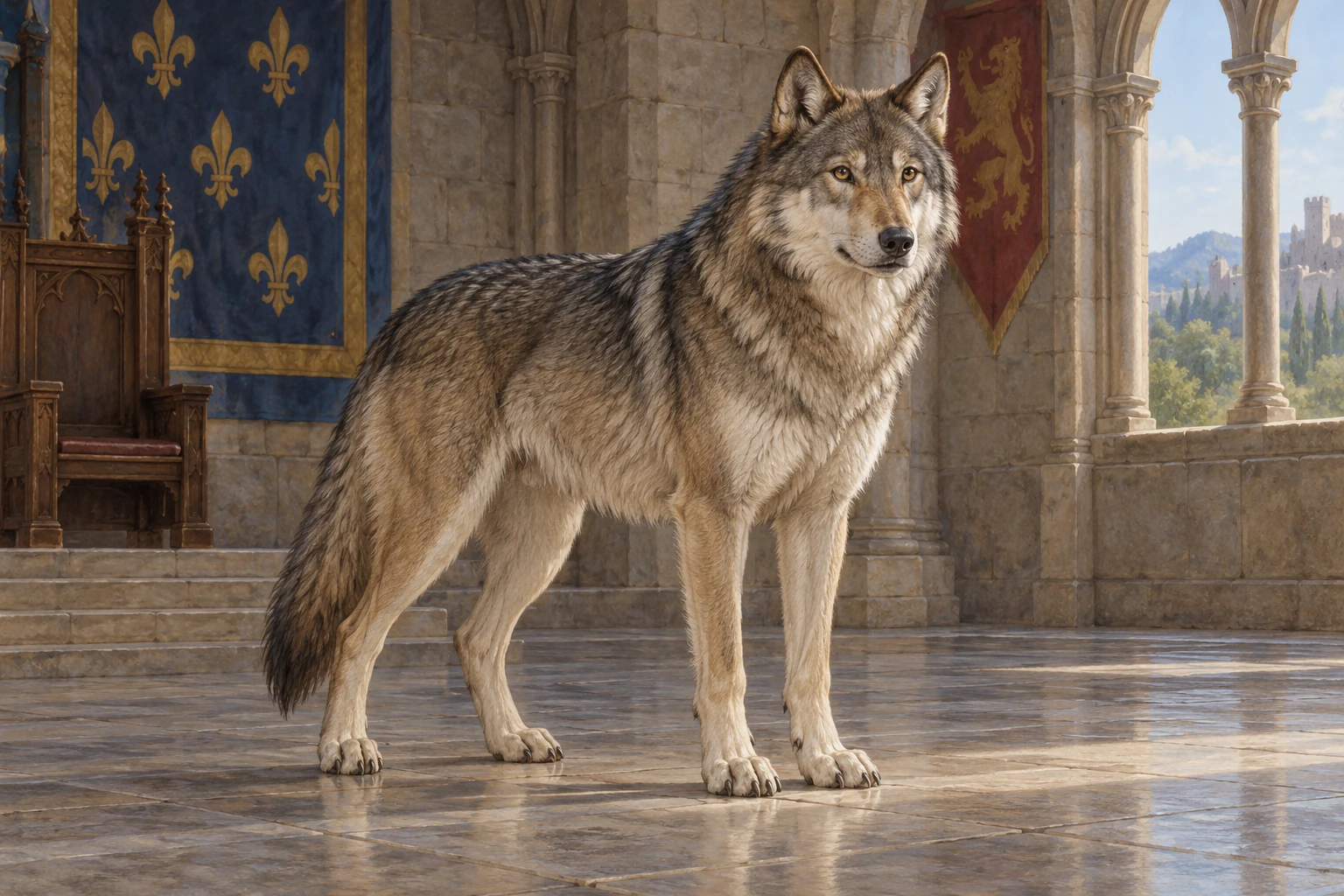 An imagined strong grey-brown wolf stands calmly in a medieval royal hall, with its entire body visible.