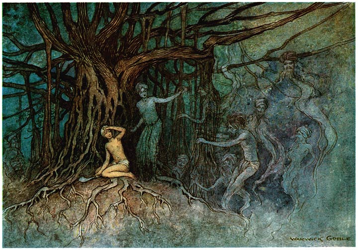 The banyan ghosts rush toward the Brahman cutting their tree, Warwick Goble, 1912