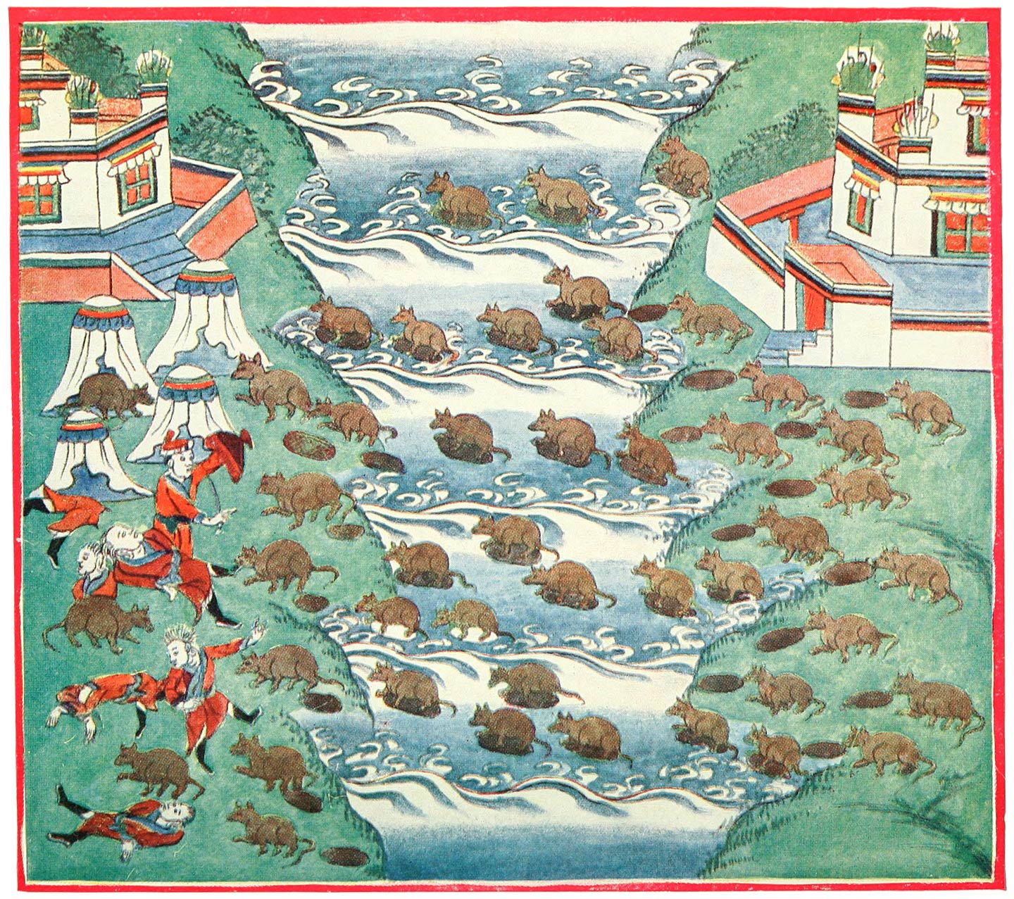 The mouse king’s subjects crossing the river on dung-cake rafts, Tibetan illustration published 1906